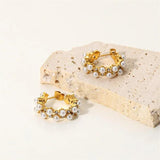 Double Pearl Crystal Zircon C-Shaped Earrings