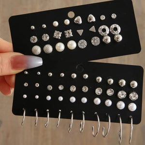 32 Pairs Zircon Water Drill Pearl Earrings Zircon Earring Set