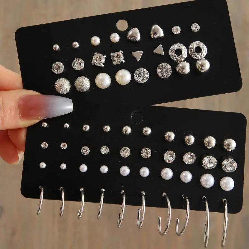 32 Pairs Zircon Water Drill Pearl Earrings Zircon Earring Set