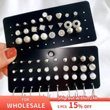 32 Pairs Zircon Water Drill Pearl Earrings Zircon Earring Set