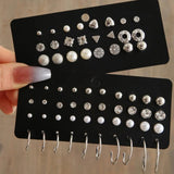 32 Pairs Zircon Water Drill Pearl Earrings Zircon Earring Set