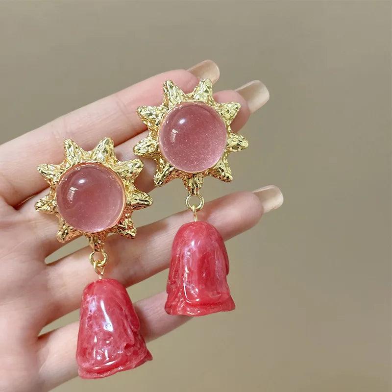 Silver Needle Mesh Red Middle Age Earrings Pearl Love Flower Ear Pendants