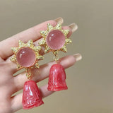 Silver Needle Mesh Red Middle Age Earrings Pearl Love Flower Ear Pendants