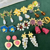 Silver Needle Mesh Red Middle Age Earrings Pearl Love Flower Ear Pendants