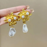 Silver Needle Mesh Red Middle Age Earrings Pearl Love Flower Ear Pendants