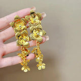 Silver Needle Mesh Red Middle Age Earrings Pearl Love Flower Ear Pendants