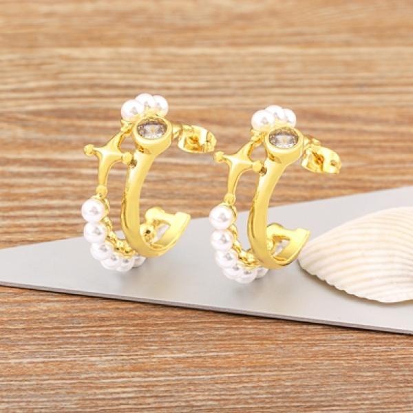 Nidin Vintage French Style Pearl Zircon Earrings Gold/Silver Jewelry