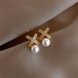 Metal Crossed X Letter Pearl Earrings for Women