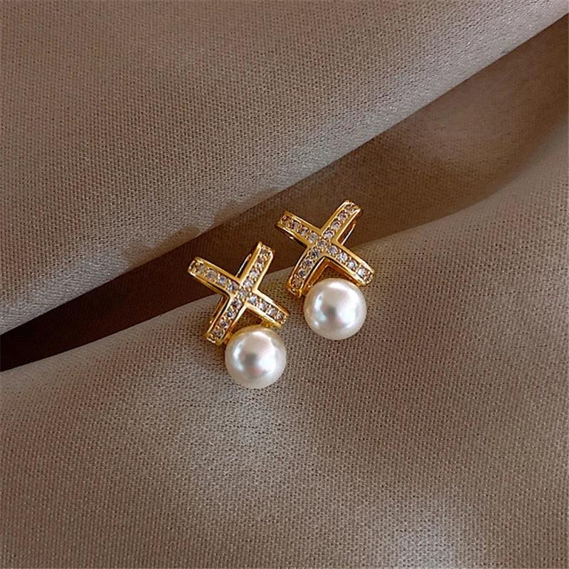 Metal Crossed X Letter Pearl Earrings for Women