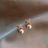 Metal Crossed X Letter Pearl Earrings for Women