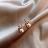 Metal Crossed X Letter Pearl Earrings for Women