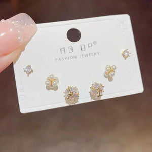 Zircon Pearl Earrings Set S925 Silver Needle