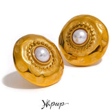 Vintage Round Stainless Steel Stud Earrings Women Pvd Plated Charms Jewelry
