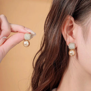 French Square Zircon Decorated Pearl Earrings Women's Gift