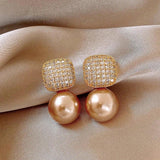 French Square Zircon Decorated Pearl Earrings Women's Gift