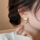French Square Zircon Decorated Pearl Earrings Women's Gift