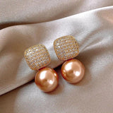 French Square Zircon Decorated Pearl Earrings Women's Gift