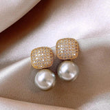 French Square Zircon Decorated Pearl Earrings Women's Gift