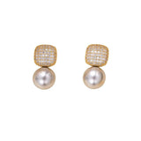 French Square Zircon Decorated Pearl Earrings Women's Gift