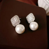 Square Pearl Zirconia Stud Earrings Party Jewelry