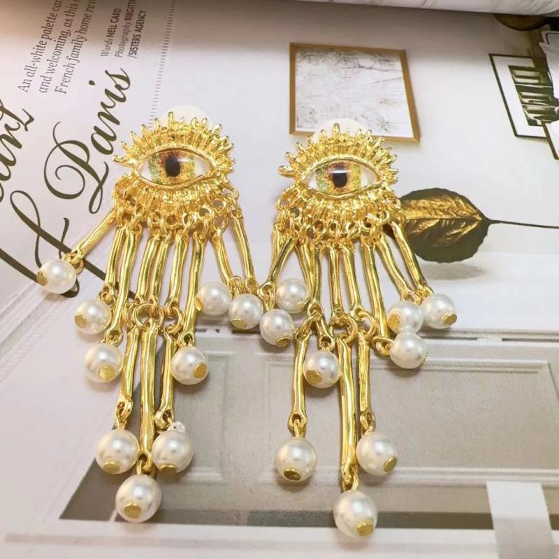 Vintage Golden Tassel Dangle Earrings Evil Eyes Crystal Long Drop Tassel