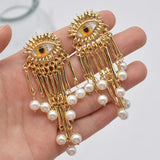 Vintage Golden Tassel Dangle Earrings Evil Eyes Crystal Long Drop Tassel