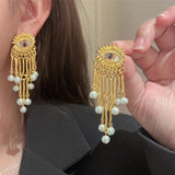 Vintage Golden Tassel Dangle Earrings Evil Eyes Crystal Long Drop Tassel