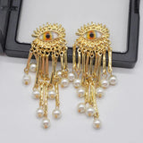 Vintage Golden Tassel Dangle Earrings Evil Eyes Crystal Long Drop Tassel
