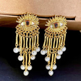 Vintage Golden Tassel Dangle Earrings Evil Eyes Crystal Long Drop Tassel
