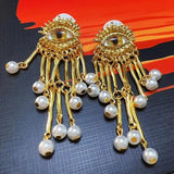 Vintage Golden Tassel Dangle Earrings Evil Eyes Crystal Long Drop Tassel