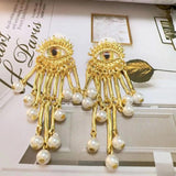 Vintage Golden Tassel Dangle Earrings Evil Eyes Crystal Long Drop Tassel