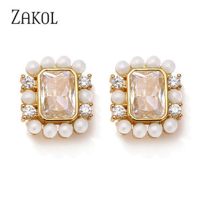 Square Zirconia Pearl Stud Earrings Wedding Jewelry