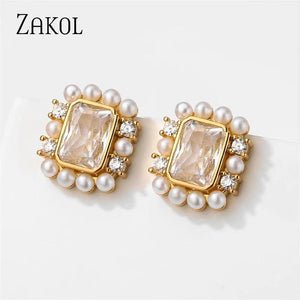 Square Zirconia Pearl Stud Earrings Wedding Jewelry