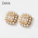 Square Zirconia Pearl Stud Earrings Wedding Jewelry
