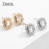 Square Zirconia Pearl Stud Earrings Wedding Jewelry