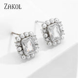 Square Zirconia Pearl Stud Earrings Wedding Jewelry