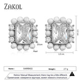 Square Zirconia Pearl Stud Earrings Wedding Jewelry