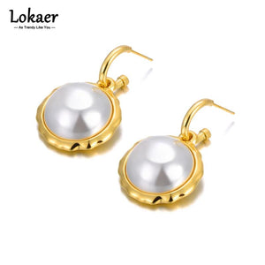 Vintage Stainless Steel Pearl Stud Earrings PVD Plated Jewelry E23142
