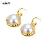 Vintage Stainless Steel Pearl Stud Earrings PVD Plated Jewelry E23142