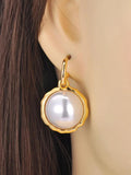 Vintage Stainless Steel Pearl Stud Earrings PVD Plated Jewelry E23142