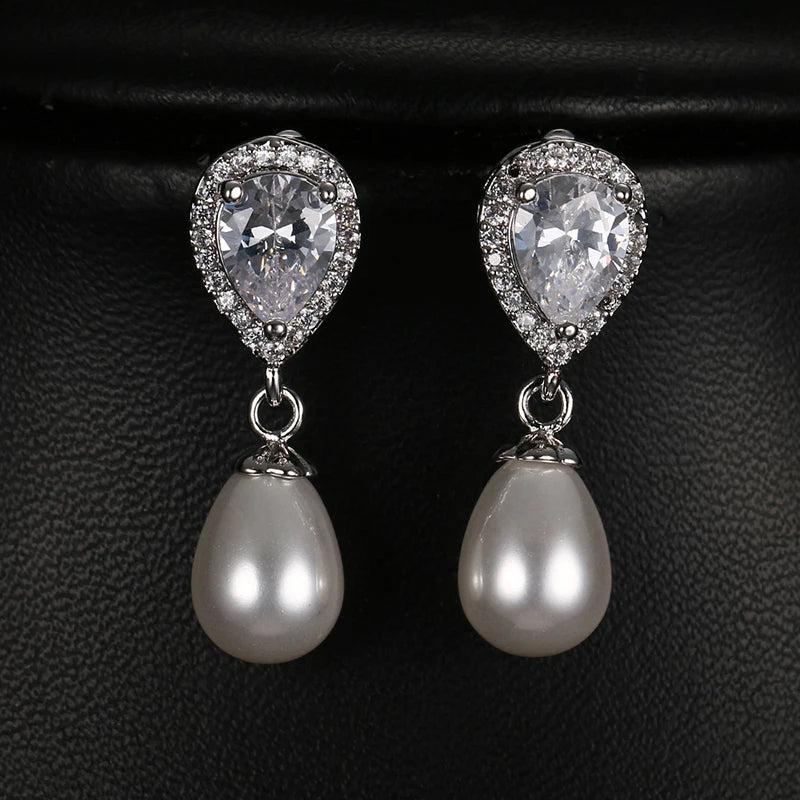 Korea Round Pearl Stud Earrings with Zirconia Women Wedding Earings Studs