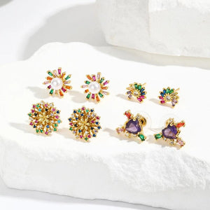 Rainbow Flower Pearl Purple Heart Stud Earrings For Women AAA CZ Zircon Gift