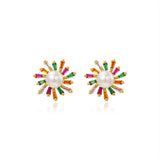 Rainbow Flower Pearl Purple Heart Stud Earrings For Women AAA CZ Zircon Gift