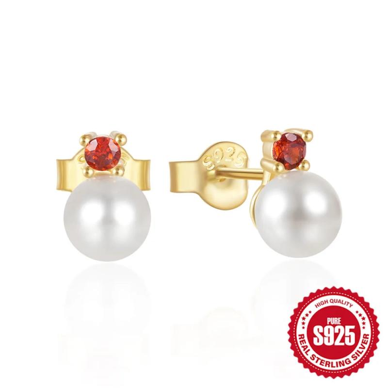 S925 Silver Pearl Red Zircon Stud Earrings Wedding Jewelry