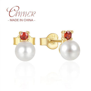 S925 Silver Pearl Red Zircon Stud Earrings Wedding Jewelry