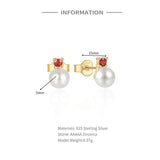S925 Silver Pearl Red Zircon Stud Earrings Wedding Jewelry