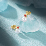 S925 Silver Pearl Red Zircon Stud Earrings Wedding Jewelry