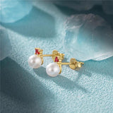 S925 Silver Pearl Red Zircon Stud Earrings Wedding Jewelry