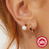 S925 Silver Pearl Red Zircon Stud Earrings Wedding Jewelry