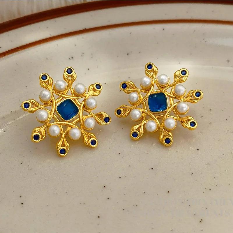 Vintage Simulated Pearl Flower Earring 925 Silver Needle for Women